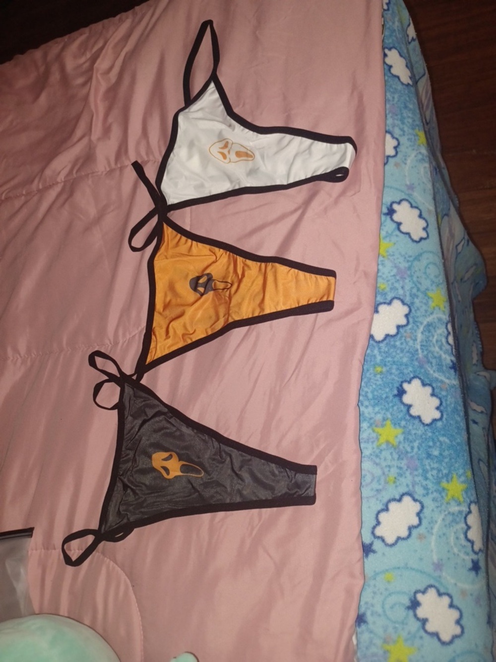 3-Pack Triangle Bikini Thongs with Small Alien Patch - White, Orange, Black